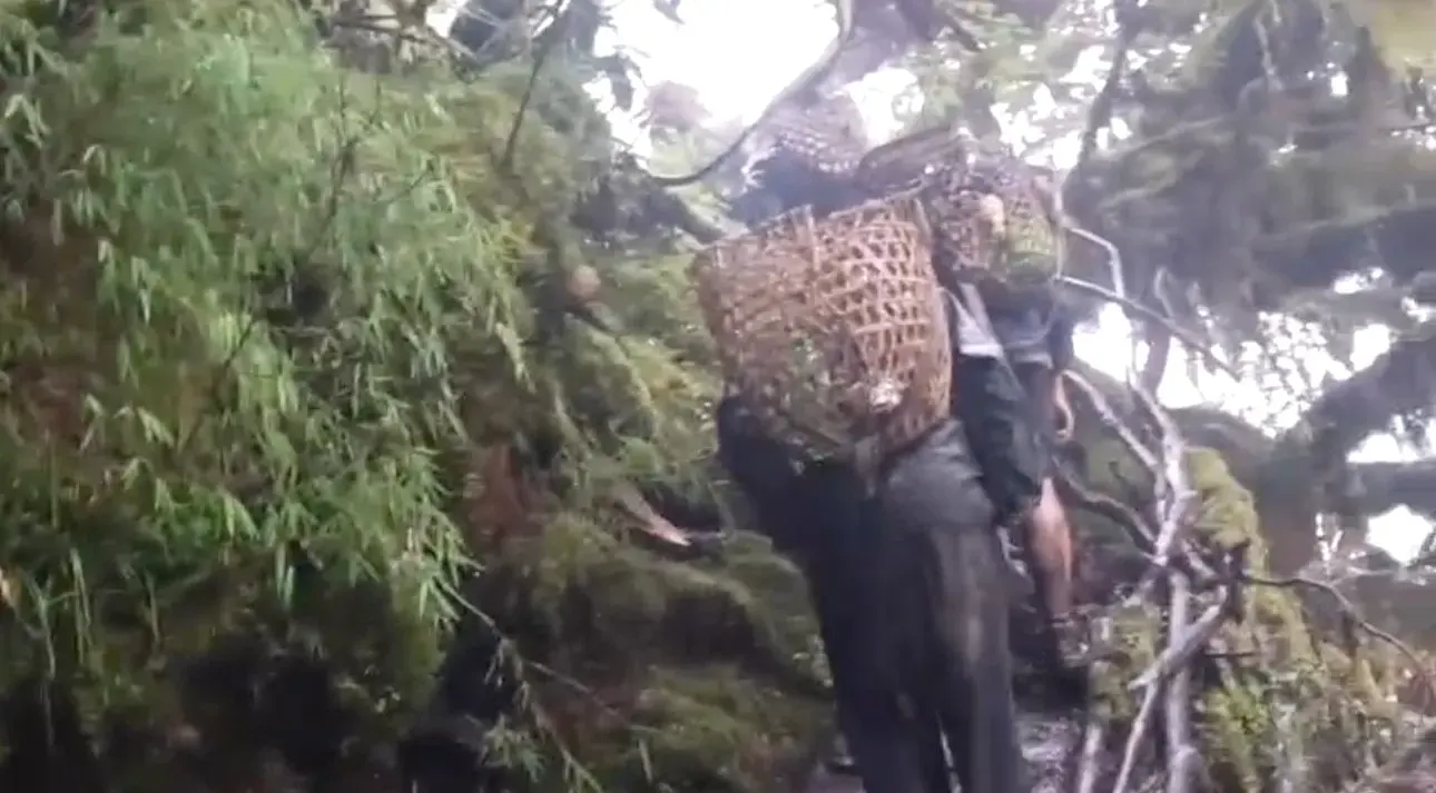 Villagers carry food, essential supplies for Army